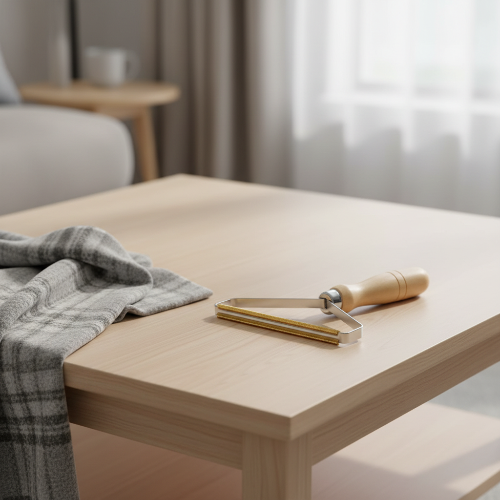 Brosse anti-poils à manche bois posée sur une table basse à côté d'un plaid, décor généré autour de la photo du produit
