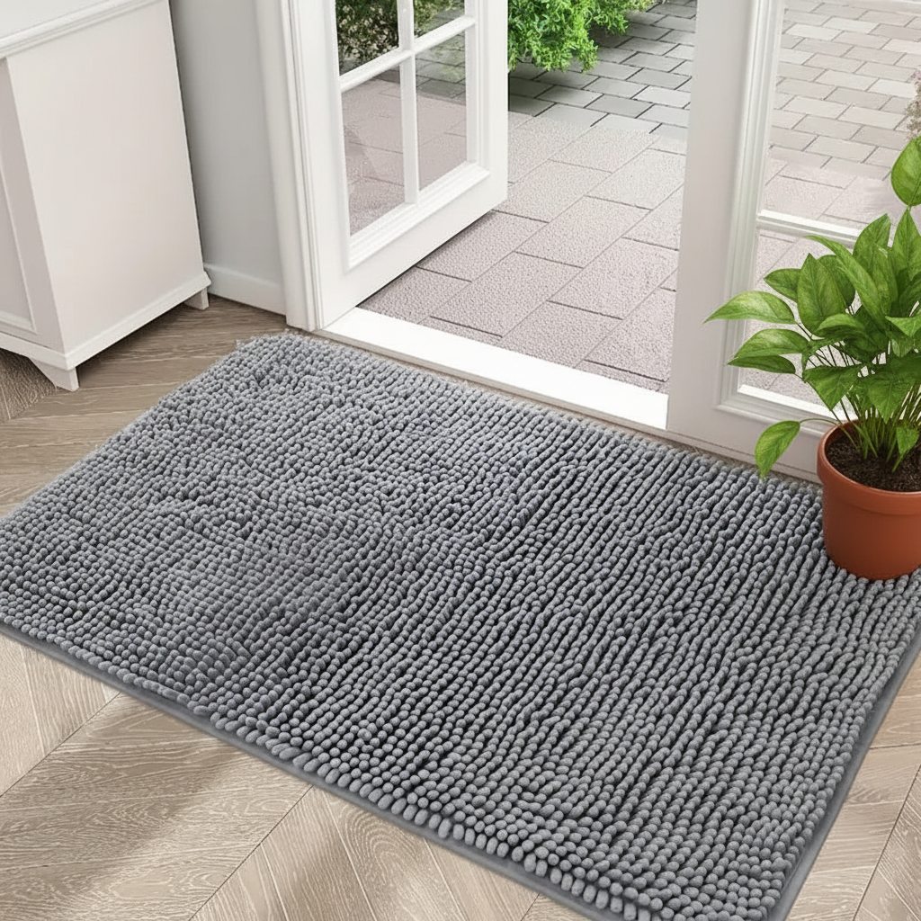 Tapis absorbant en chenille gris posé devant une porte d'entrée, décor généré autour de la photo du produit