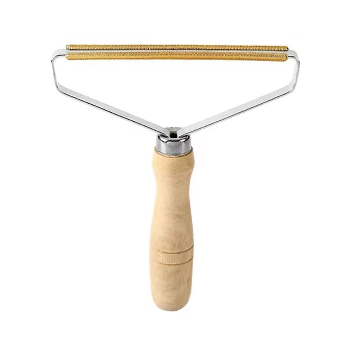Brosse anti-poils à manche bois et tête métal couleur cuivre, vue de face sur fond blanc