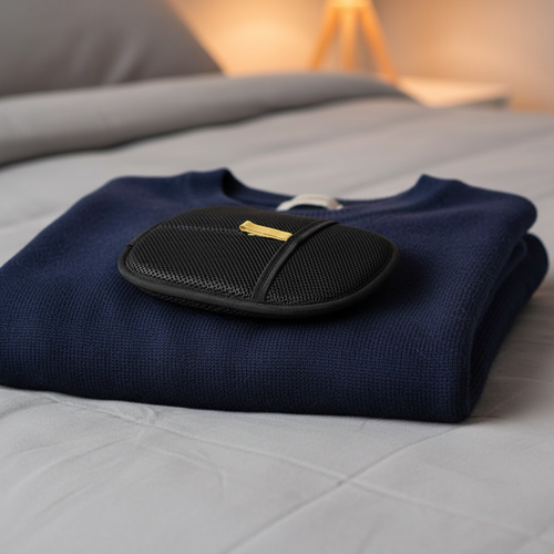 Gant anti-poils double face noir posé sur un pull en laine bleu marine plié sur un lit, décor généré autour de la photo du produit