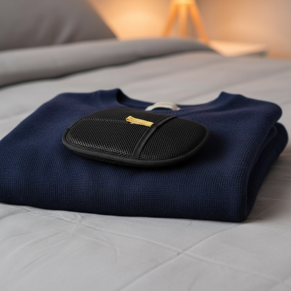 Gant anti-poils double face noir posé sur un pull en laine bleu marine plié sur un lit, décor généré autour de la photo du produit