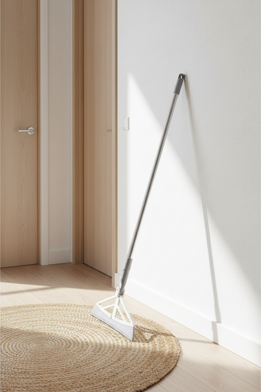 Balai caoutchouc anti-poils appuyé contre le mur d'une entrée, tapis en jute au sol, décor généré autour de la photo du produit
