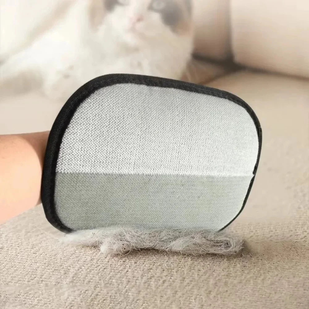 Gant anti-poils double face porté, passé sur un canapé, poils retirés visibles, chat en arrière-plan