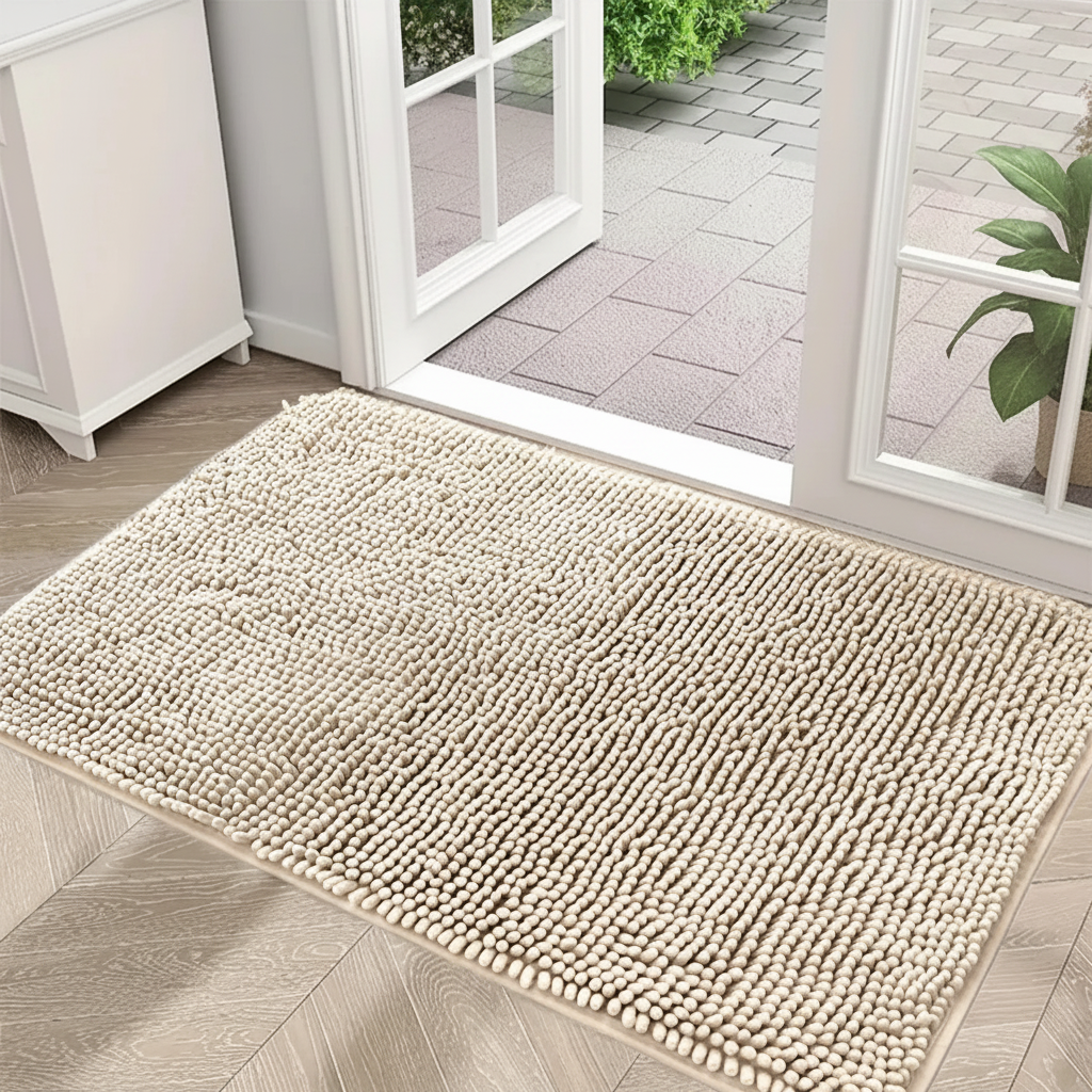 Tapis absorbant en chenille coloris camel posé devant une porte-fenêtre ouverte sur un jardin, décor généré autour de la photo du produit