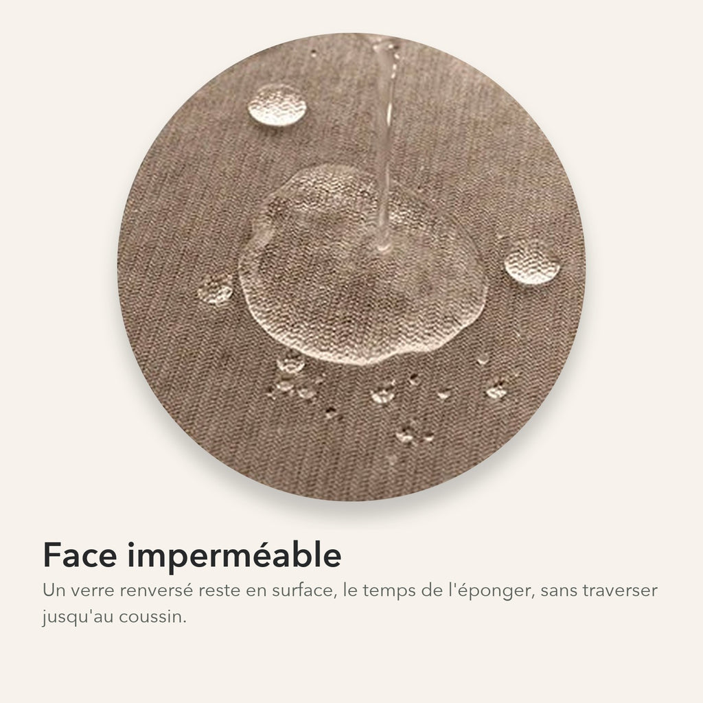 Gros plan de la face imperméable : l'eau versée reste en surface en gouttes, sans traverser jusqu'au coussin