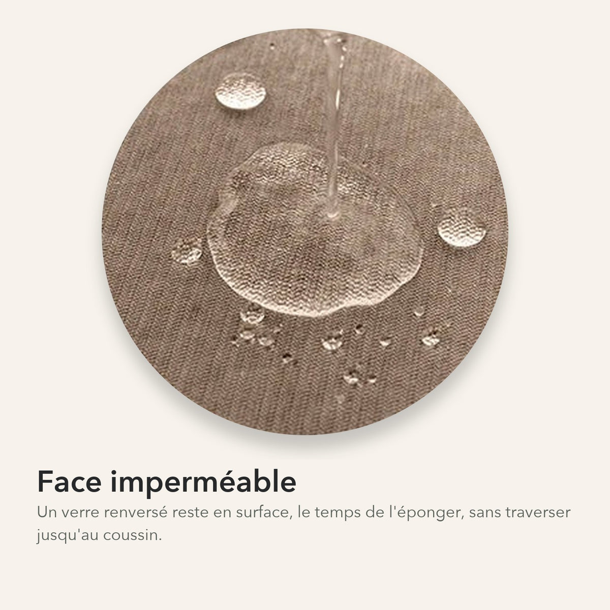 Gros plan de la face imperméable : l'eau versée reste en surface en gouttes, sans traverser jusqu'au coussin